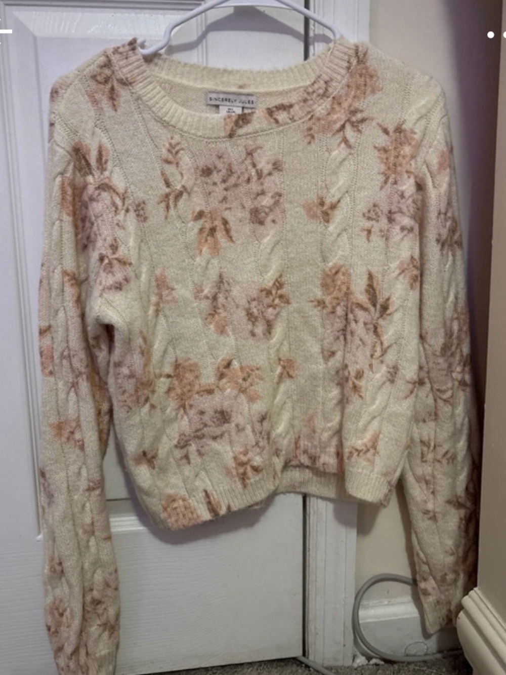 Sincerely Jules Cream Floral Cable Knit Crewneck Sweater